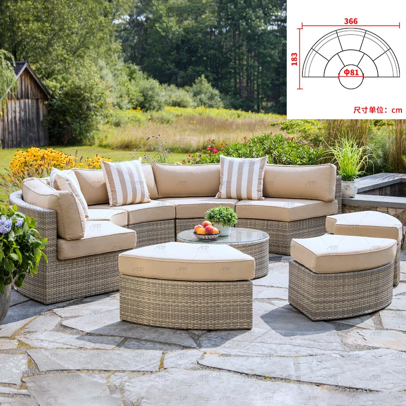 Outdoor sofa garden rattan woven semi-circular arc sun protection hotel leisure living room rattan chair combination