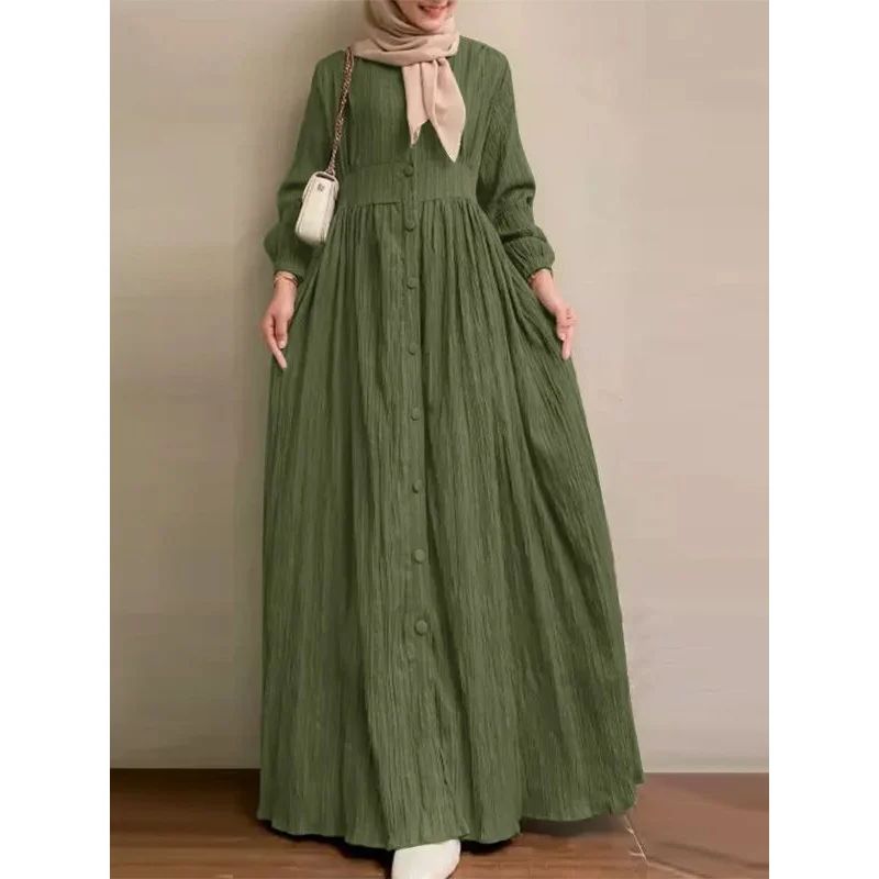 

2025 Muslim Women's Vintage Long Sleeve Solid Color abaya Spring and Autumn New Elegant Vest Dress Robe W001