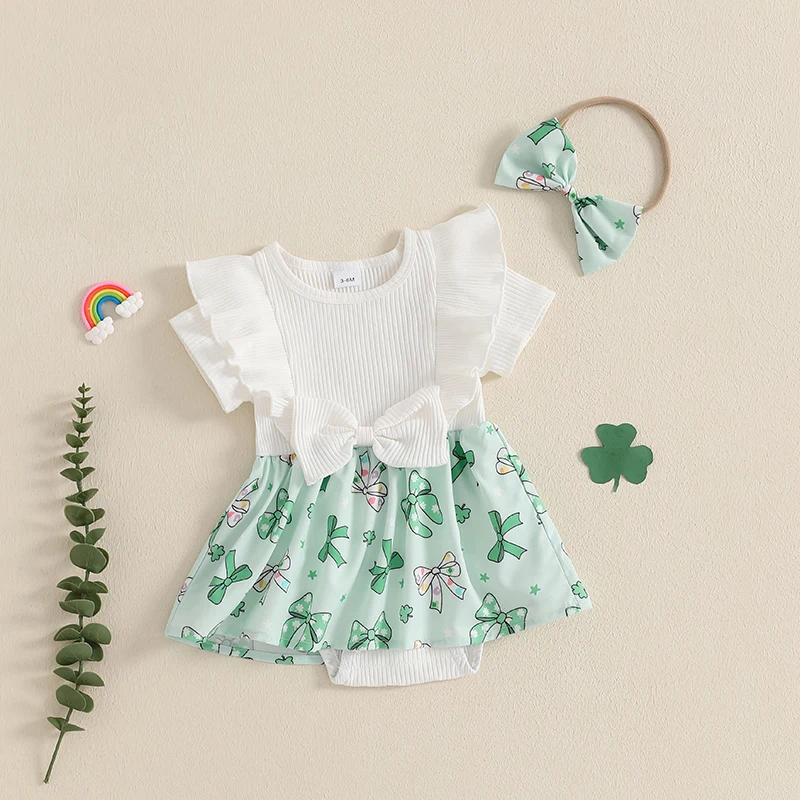 St Patrick s Day Baby Girl Outfit Shamrock Print Ruffle Romper Dress Headband Set Green Clover Bow 2 Piece Set