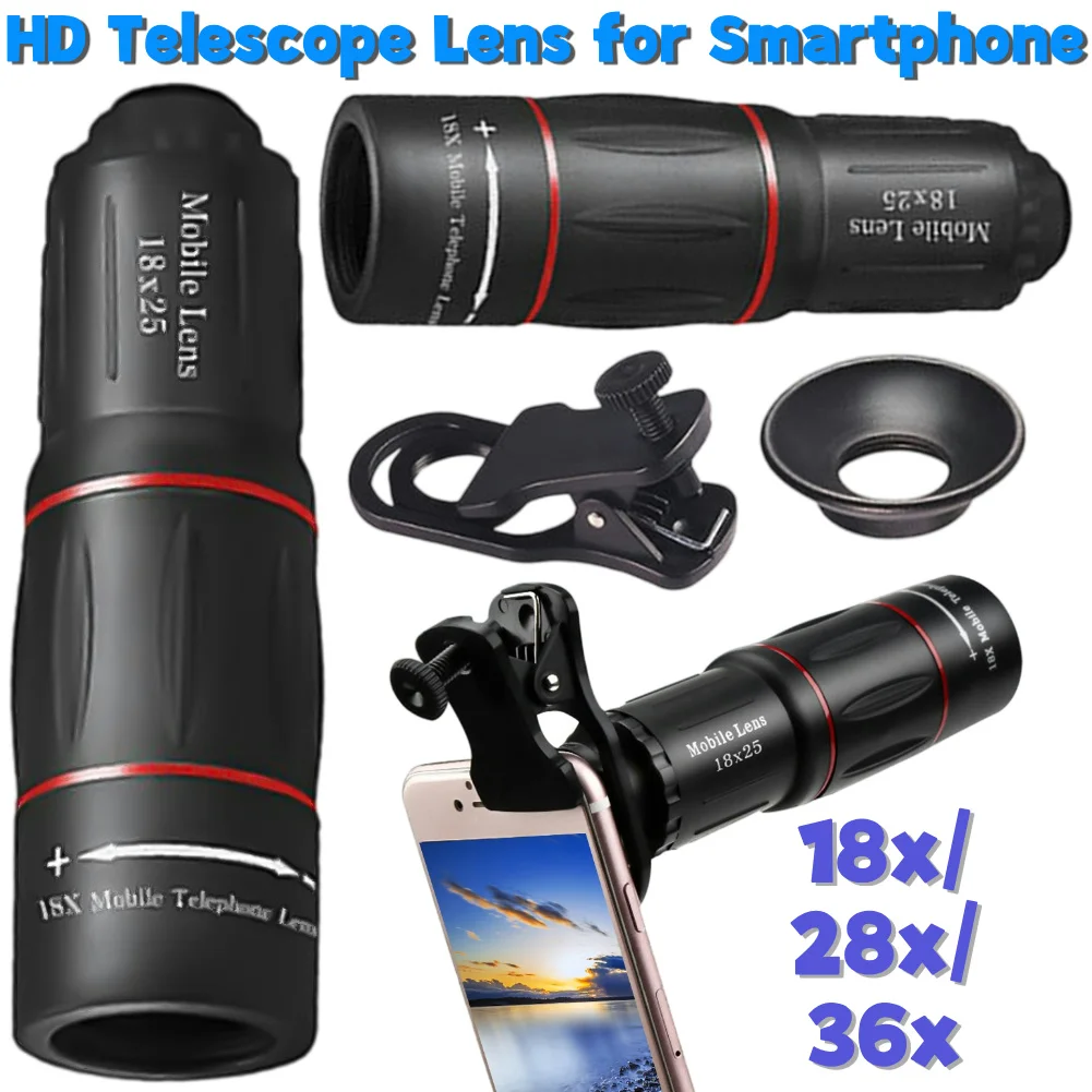 18/28/36X Mobile Phone Camera Lens Clip-On Zoom Phone Camera Telephoto Lens Optical Telescope Lens for Camping Hunting Sports