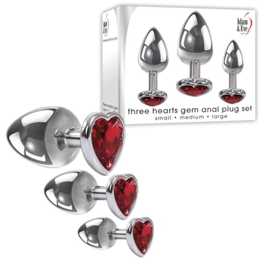 Three Hearts Gem Anal Plug Set, 3 Piece Polished Aluminum Butt Plug Kit with Sparkling Jewel Bases, Small Medium Large Sizes, T