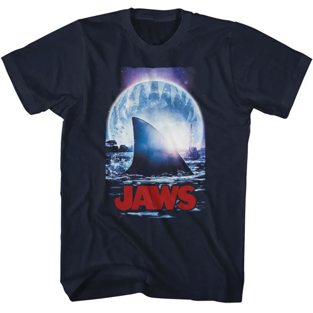 

Jaws 70's Thriller Movie Moonlit Night Shark Fin Orca Boat In Back Men's T Shirt