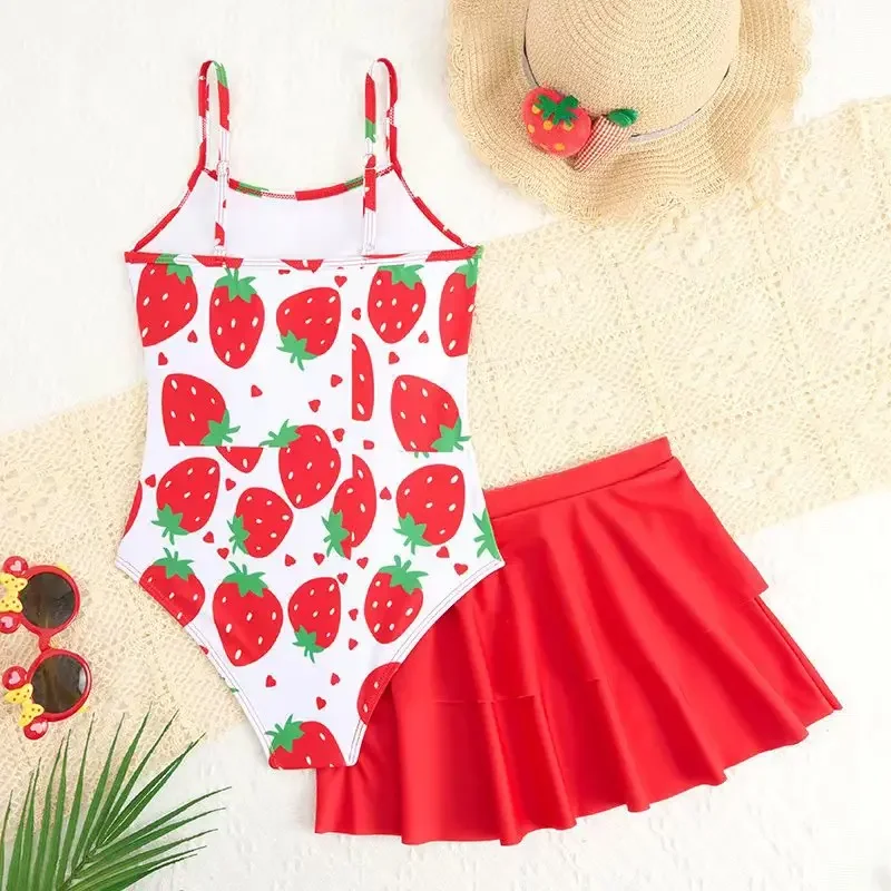 Kids Girls 2-Piece Strawberry Print One Piece Swimsuit & Beach Sarong Cover Up Ruffle Skirts Set 8-12 Years Children's Swimwear
