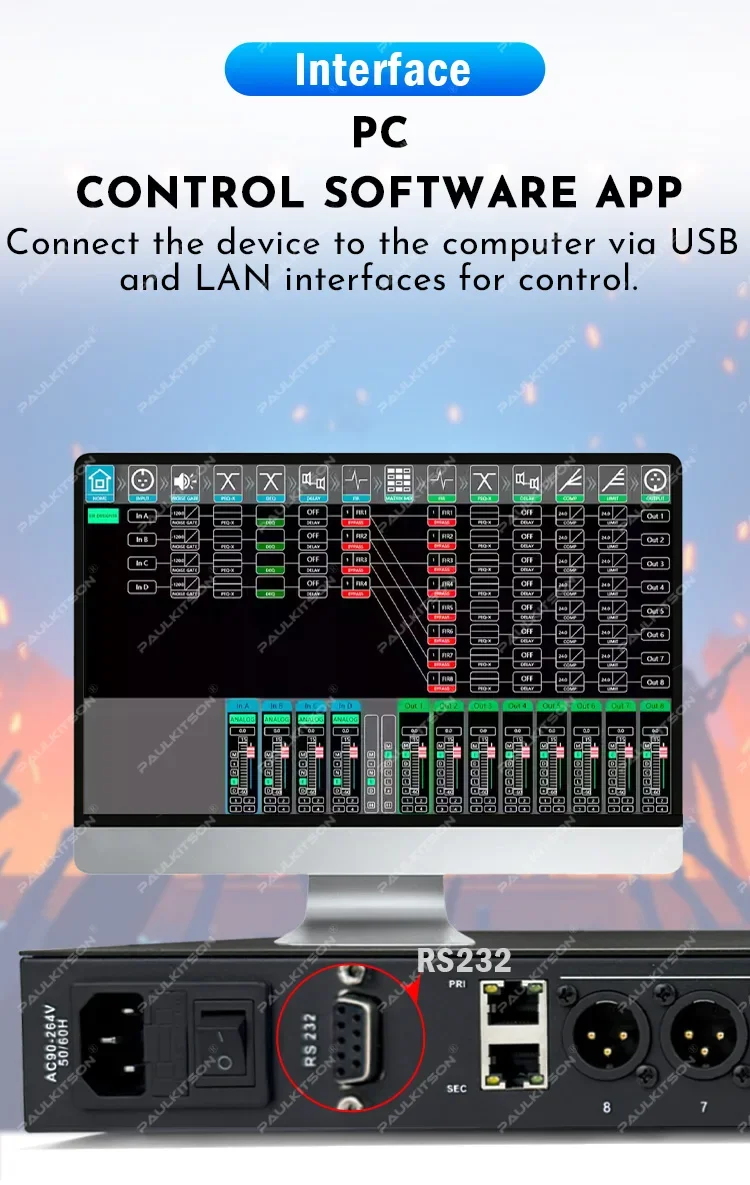 Paulkitson PX48 Digitaler Audio-Prozessor Driver Rack 4-Eingänge 8-Ausgänge 96K DSP FIR Lautsprechermanagementsystem für Live-Bühnenevents – Detail 4