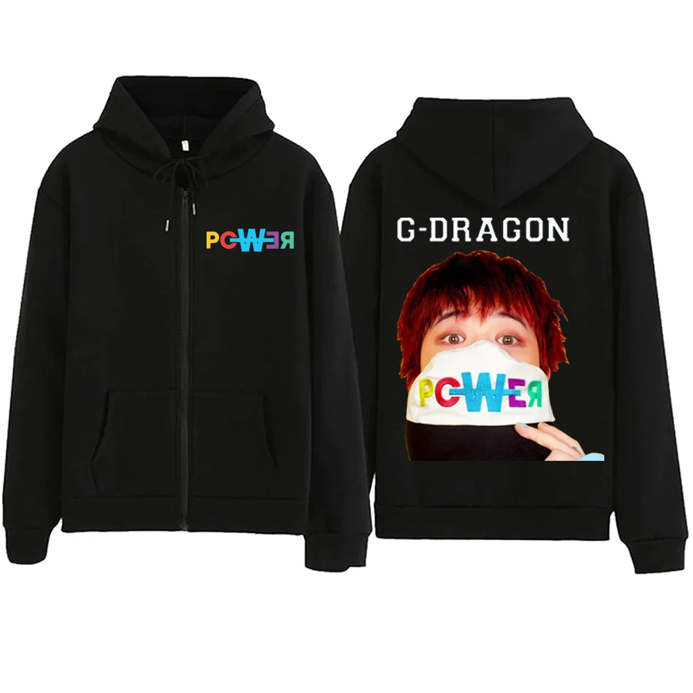 G Dragon POWER Zipper Hoodie  Harajuku Pullover Tops Sweatshirt Streetwear