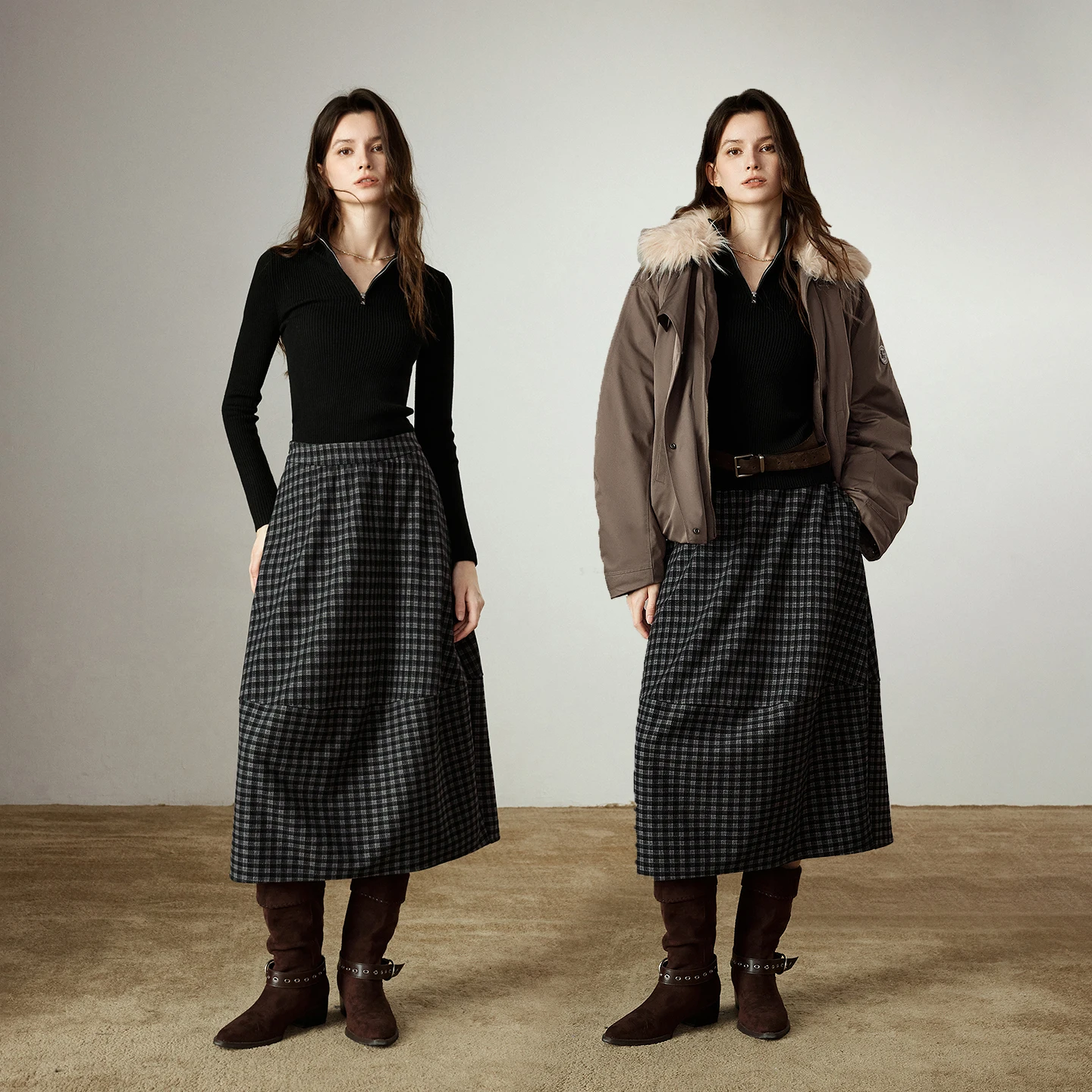 TOYOUTH Women Midi Skirts 2025 Winter New Elastic Waist Retro Plaid Split Splicing Oversized Floral Bud Skirts