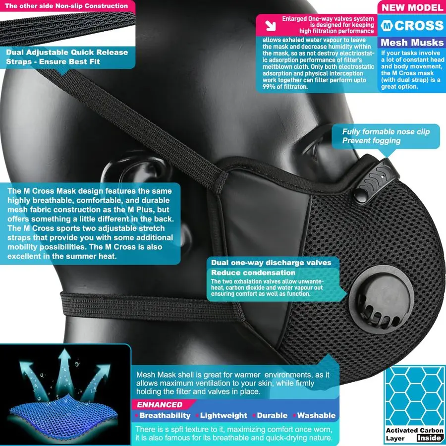 CAMP M Cross Dust Mask, Reusable Breathable Comfortable Safety Face Mask for Work with Extra 6 Activated Carbon Filters