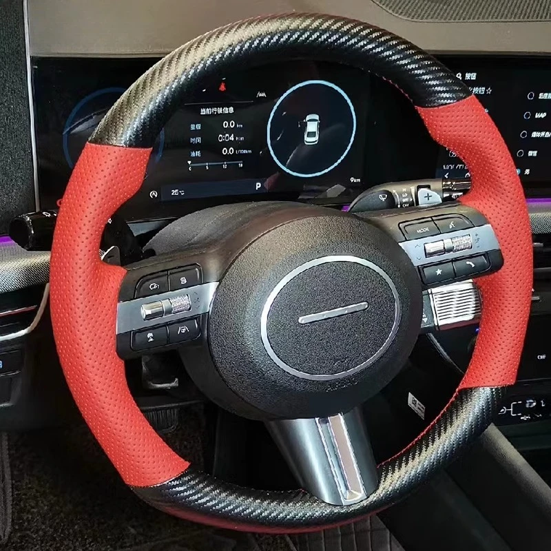 

for Hyundai Sonata Kona Tucson 2023-2025 DIY Hand Stitched carbon fibre Genuine Leather non-slip car Steering Wheel Cover