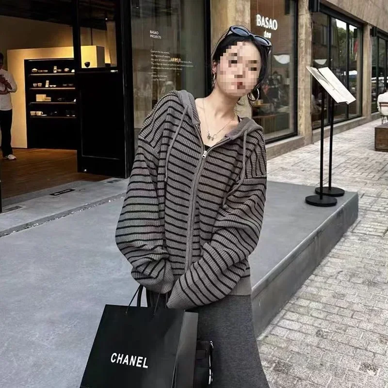 

Classic Style Zipper Closure Spring Summer Open Cardigan Coat Korean Fashion Knitted Hooded Striped Casual Loose Knitwear
