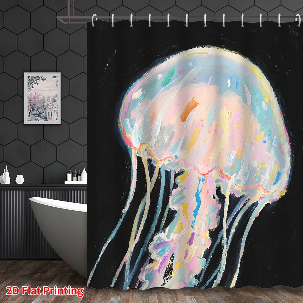 

Abstract Jellyfish Art Shower Curtain Waterproof Bathroom Decor Modern Watercolor Ocean Print 180x180cm Coastal Tropical Bath Ro