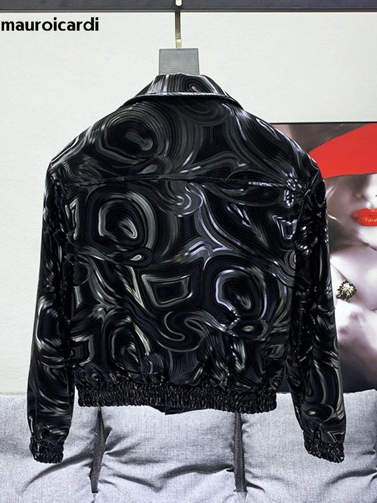 Mauroicardi Spring Autumn Cool Short Black Shiny Geometric Faux Leather Bomber Jacket Men Zipper Stylish Luxury Designer Clothes