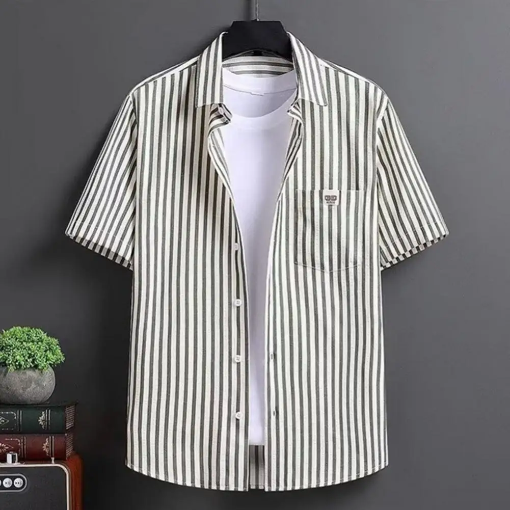 Men Vertical Striped Shirt Placket Shirt Tops with Patch Pocket Striped Print Loose Fit Summer Office Casual Shirt