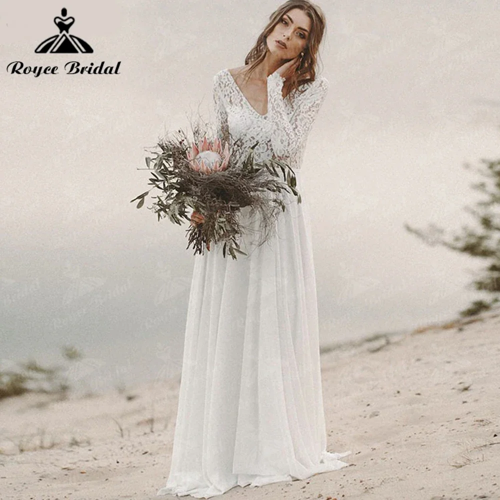 Roycebridal Long Sleeves Lace Chiffon Beach Boho Wedding Dresses for Women V Neck Open Back Bohemian Bridal Dress vestidos