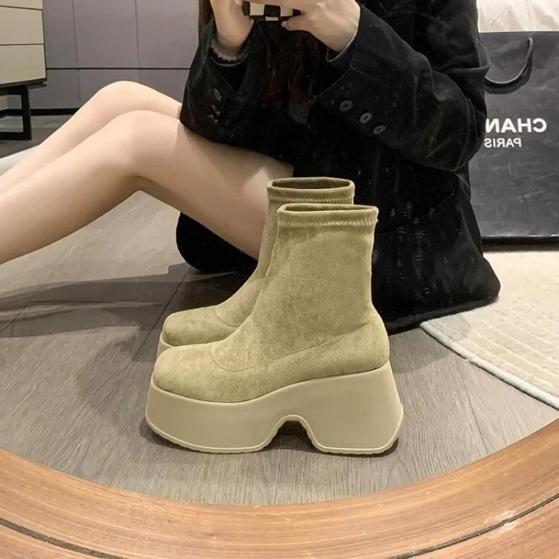 

Autumn Women Platform Ankle Boots Suede Black Khaki Elastic Thin Boots Chunky High Heel Slip on Gothic Short Botas Femininas