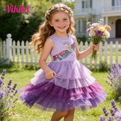 VIKITA Girls Sleeveless Summer Dress Kids Licorne Sequined Appliqued Purple Dresses Girls Party Mesh Tulle Tutu Princes Dress