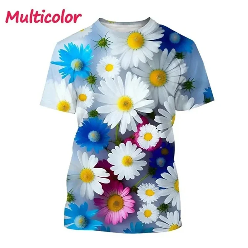 

Summer New Daisies 3D Printed T-shirt Colorful Flower Pattern Fashion Short-sleeved Plant Chrysanthemum Casual Tops Men Women