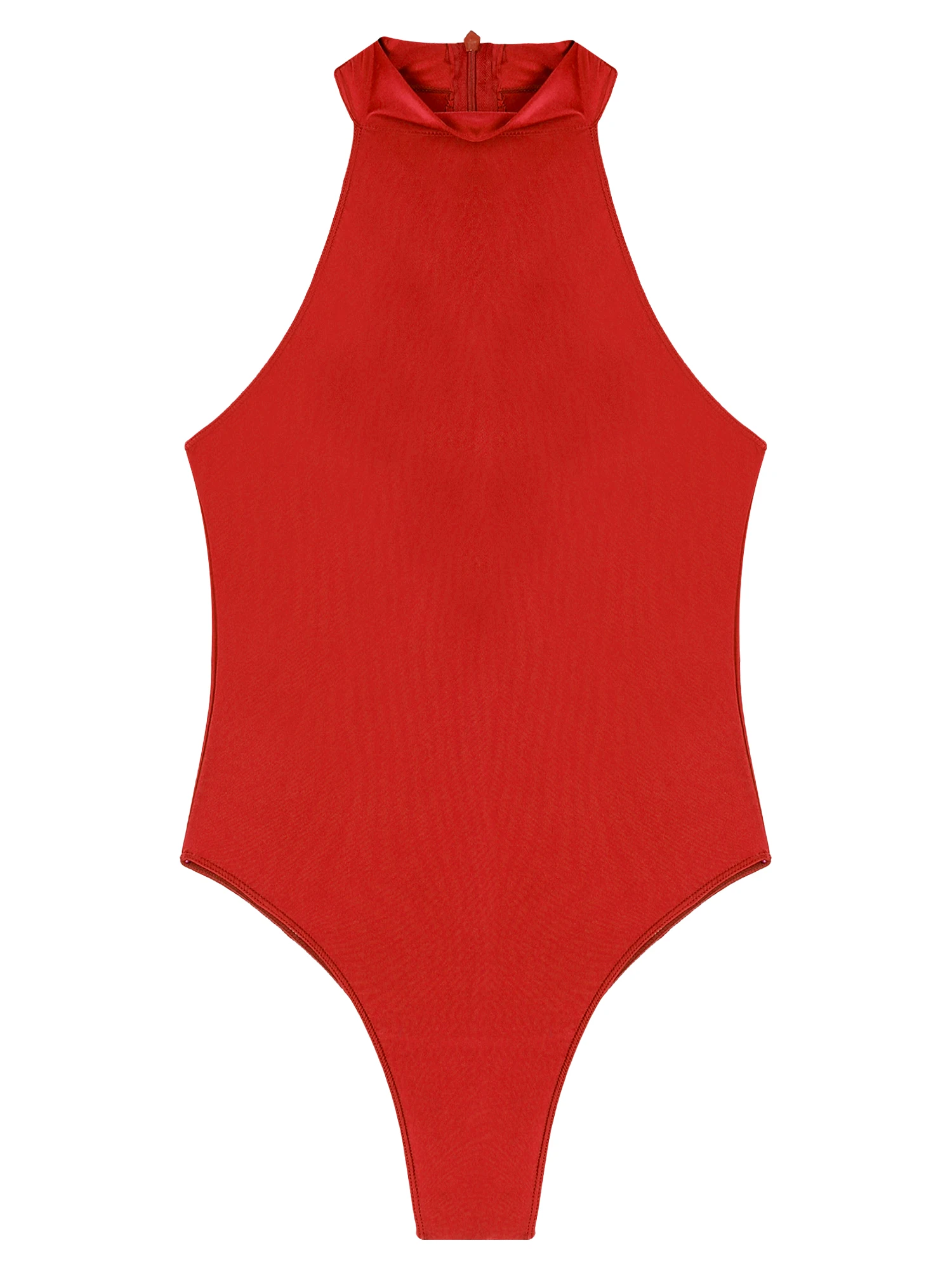 Womens Sexy Beach Swimsuit Glossy Sleeveless Leotard Swimwear Mock Neck Back Zipper Solid Color Bodysuit for Summer Jumpsuits