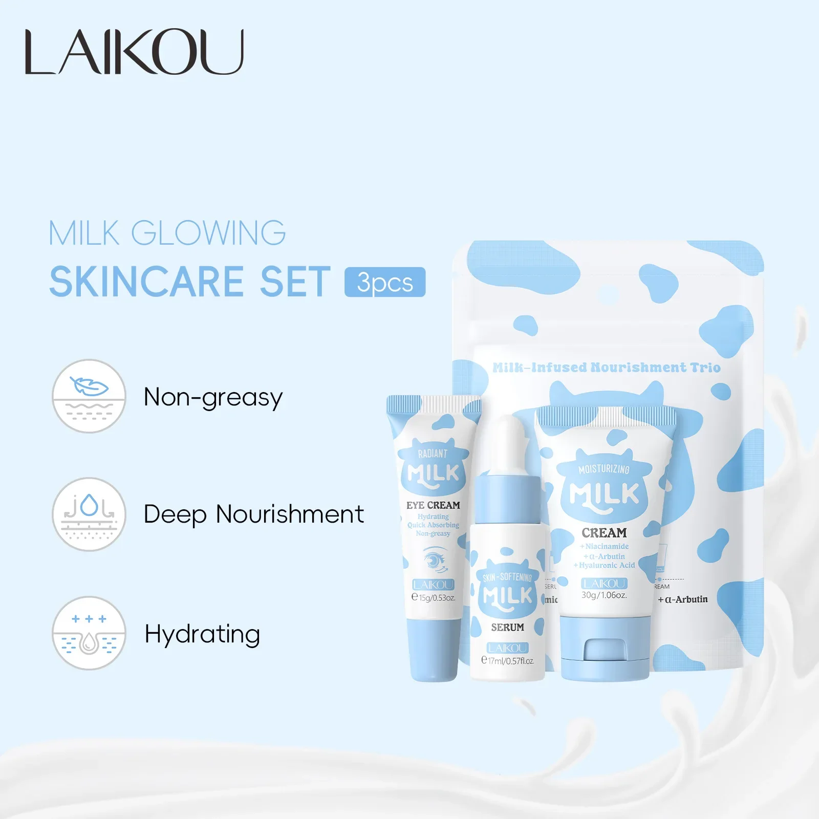 Deep Hydration Milk Skincare Set Softening Serum Gentle Eye Cream Radiant Moisturizing Glowing Trio