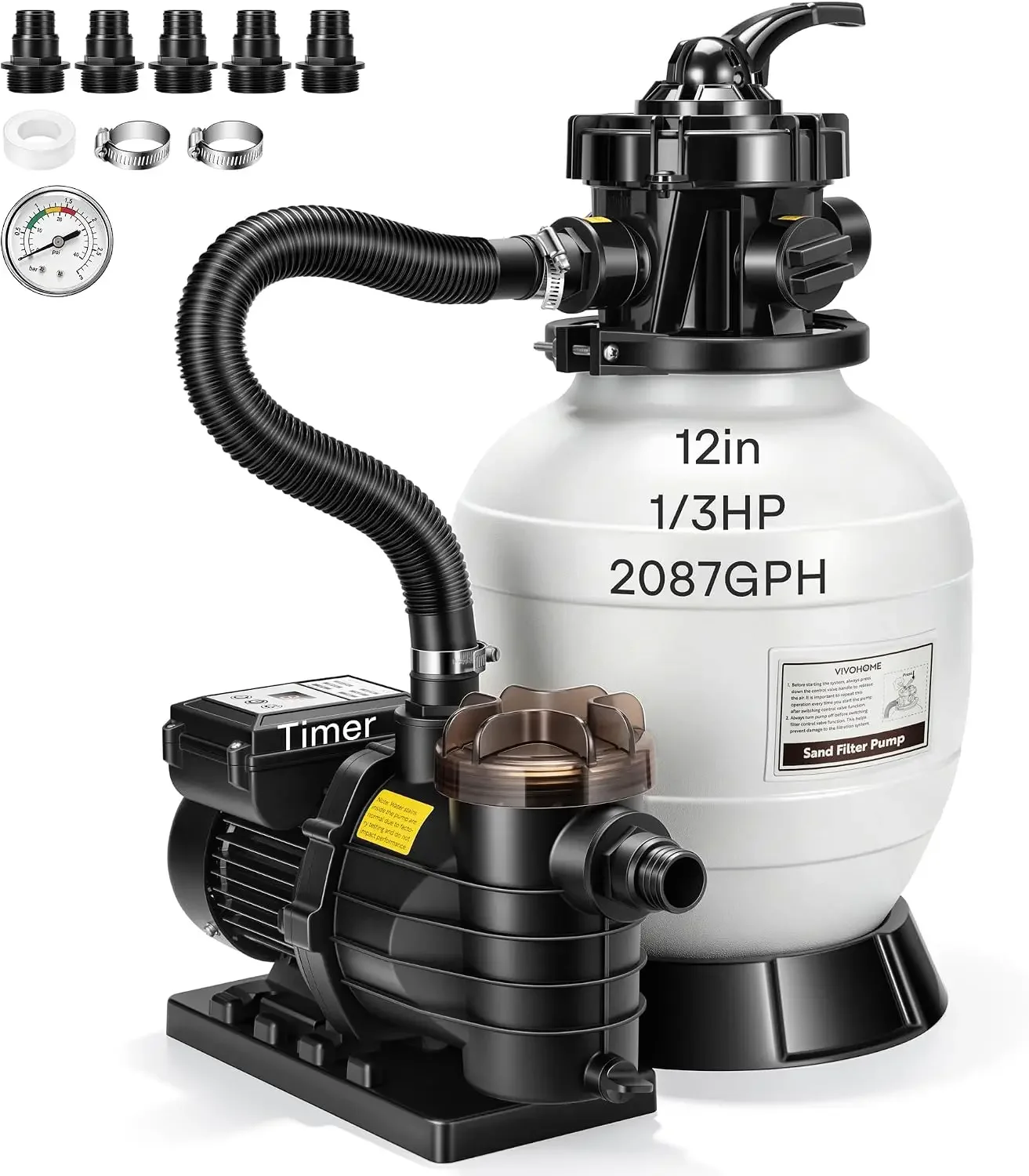 BestsellingUpgraded 2087 GPH Sand Filter Pump w/Timer, Fits in/Above Ground Pool Up to 10,000 Gallons, 7-Way Valve with 28.7-Pou