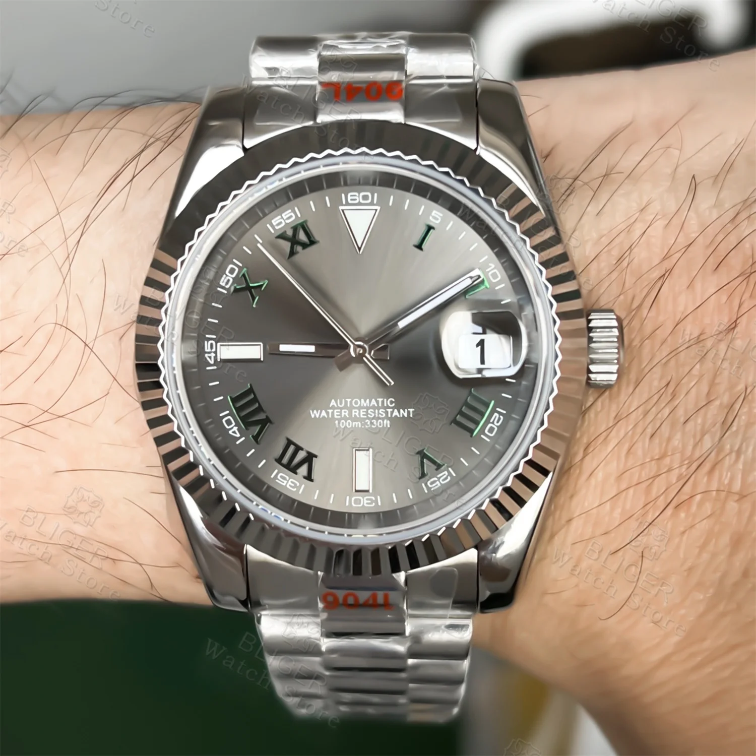BLIGER 36 مللي متر 39 مللي متر أمة الله رمادي الهاتفي الأخضر الداكن الأرقام الرومانية NH35 التلقائي ساعة رجالية الفولاذ المقاوم للصدأ حزام الياقوت الزجاج