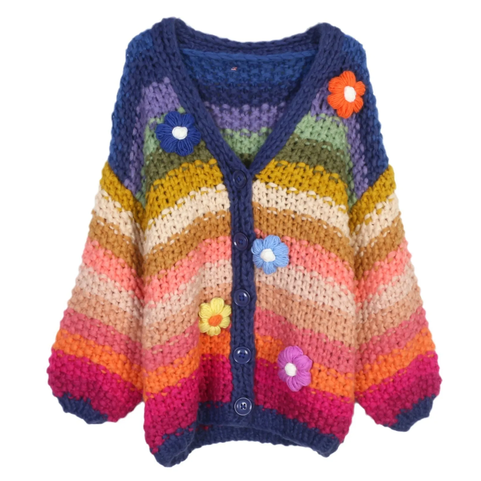 New European and American Style Rainbow Color Handmade Small Flower Stripe Lazy Thick Needle Sweater Coat Women's Ropa Mujer