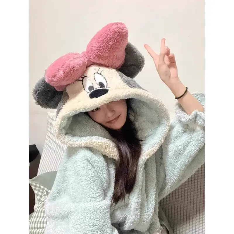 Miniso Green Disney Mickey Mouse Plush Pajamas Big Bows Kawaii Warm Hooded Robe Button Oversized Winter Sleepwear Women Clothing