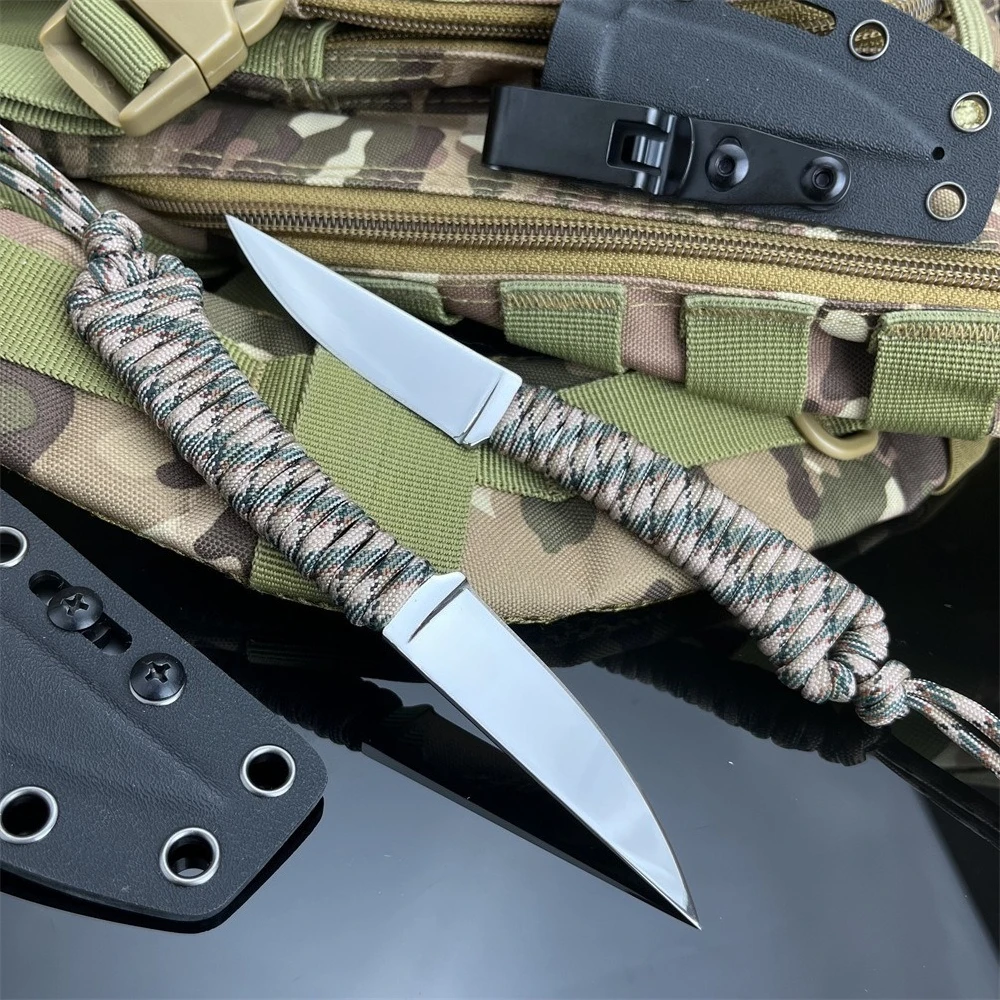 Outdoor EDC Knife Fixed Blade with Nylon Rope Handle Durable 440c Blade Bushcraft Camping Hunting Knife