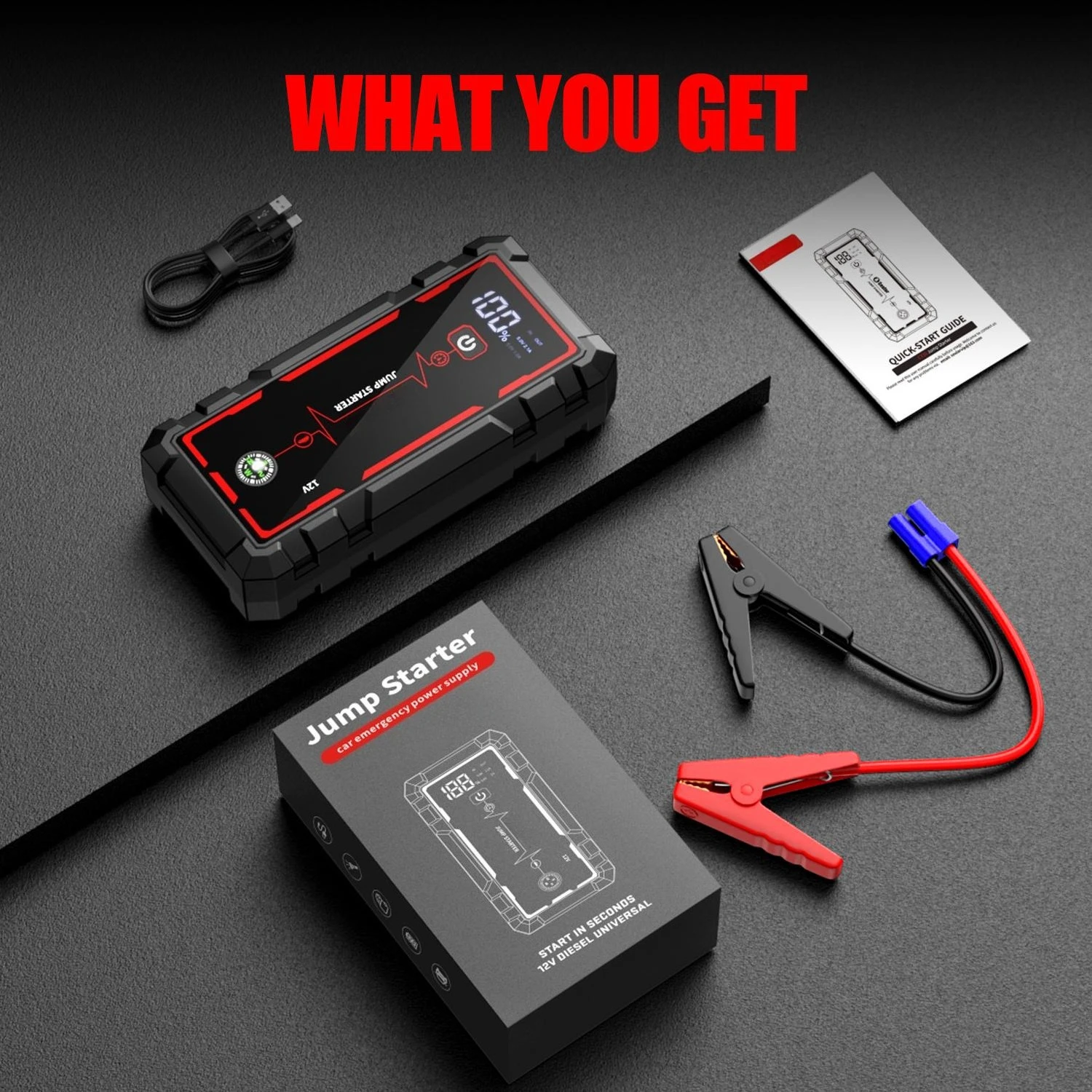 Portable Car Jump Starter 12V Auto Battery Booster 8000mAh Power Bank Emergency Starting Device Car Battery Charger with Smart Jumper Cables LCD Display LED Light for Cars SUVs Trucks