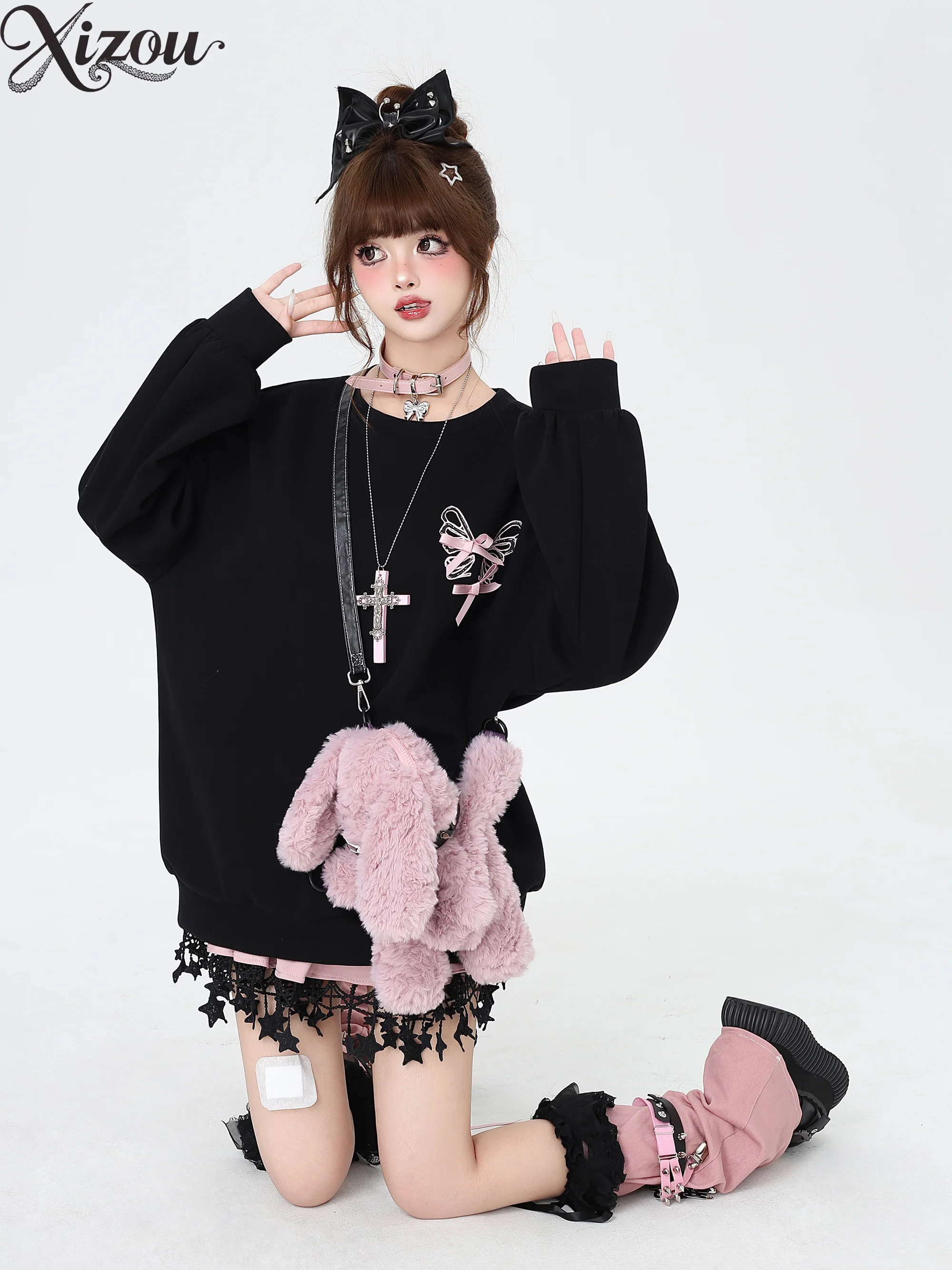 2025 y2k doce legal laço pesado artesanato moletom feminino solto manga longa em torno do pescoço outono primavera casual pulôver topos com capuz