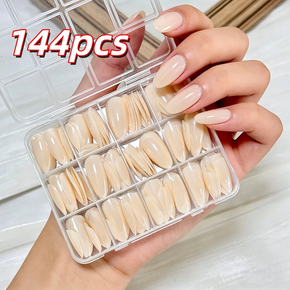 

144 шт. глянцевые телесные средние миндалевидные накладные ногти 12 размеров абрикосового сплошного цвета, носимые накладные ногти, простые полное покрытие, накладные ногти