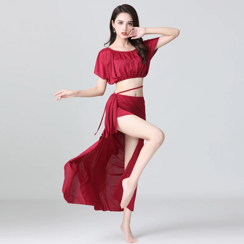 أزياء الرقص الشرقي المخصصة، أزياء الممارسة للنساء، مجموعة جديدة من أزياء الرقص الشرقي للمبتدئين، بلوزة مثيرة وتنورة طويلة