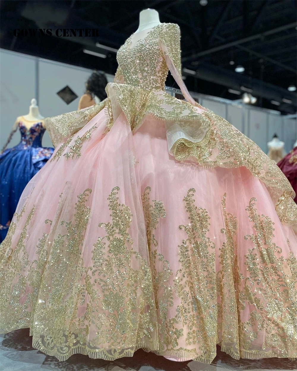 Rosa e ouro manga longa quinceanera vestidos de baile vestido de festa de aniversário vestido de renda até graduação o pescoço quinceanera de 15 an