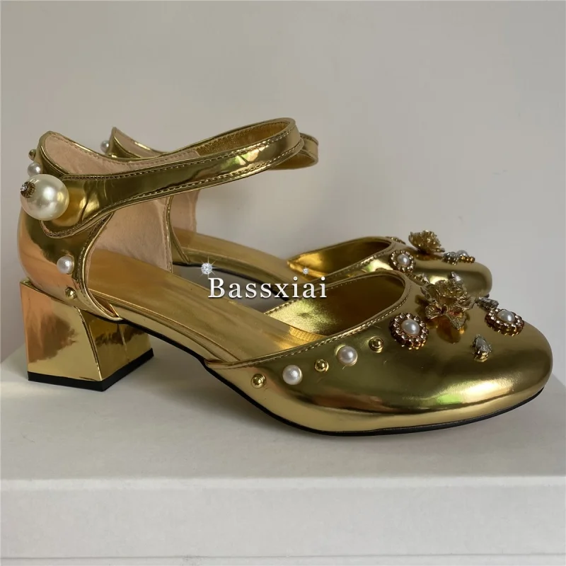 Luxury Patent Leather Pumps with Rivet Metal Decoration Pearl Crystal Embellishment High Heel Banquet Shoes for Women