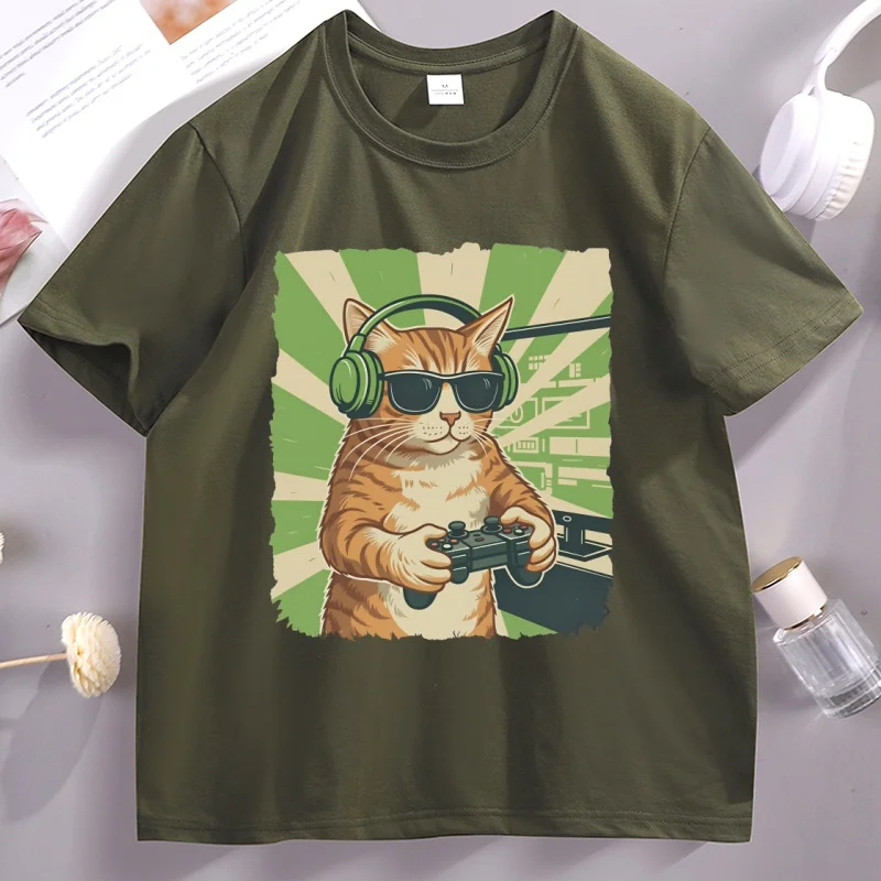 Gamer Cat T-Shirt Video Game Cat Tshirt Funny Graphic Tee Shirt Cat Dad Short Sleeve T Shirt Casual Short Sleeve Round Neck Top