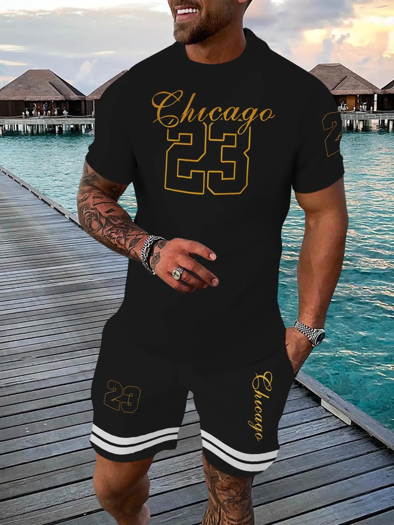 

Casual sports suit breathable outdoor leisure men's T-shirt five-point pants suit summer 3D printing suit men's adult