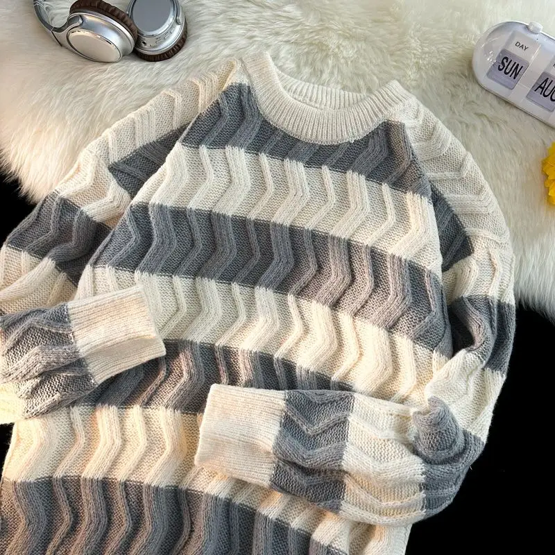 

Свободный мужской круглый трикотаж Ne, осень-зима, базовый свитер из полиэфирного волокна, модный полосатый цветной свитер, пальто