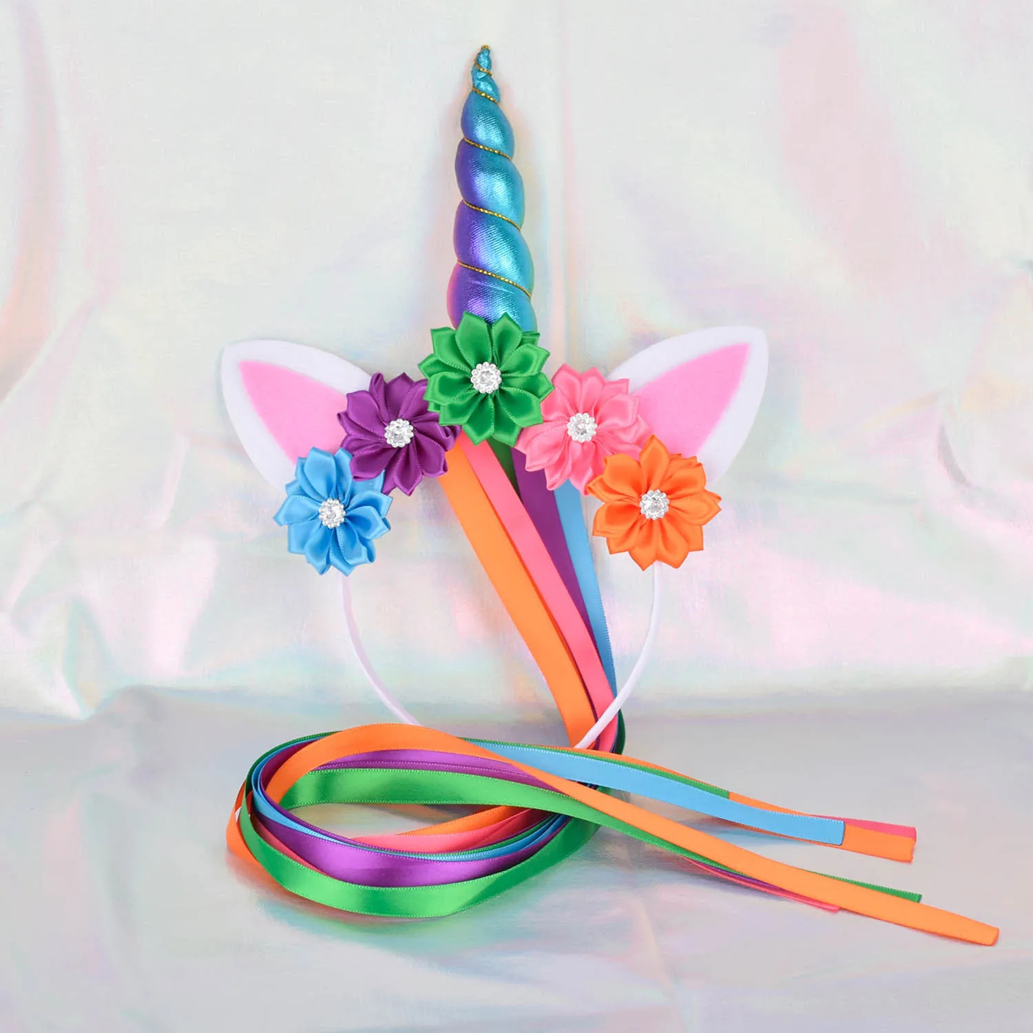 Rainbow Unicorn Sweet Style Lightweight Headband Silk Ribbon With Flower Decorations For Children Halloween Birthday Party Gift
