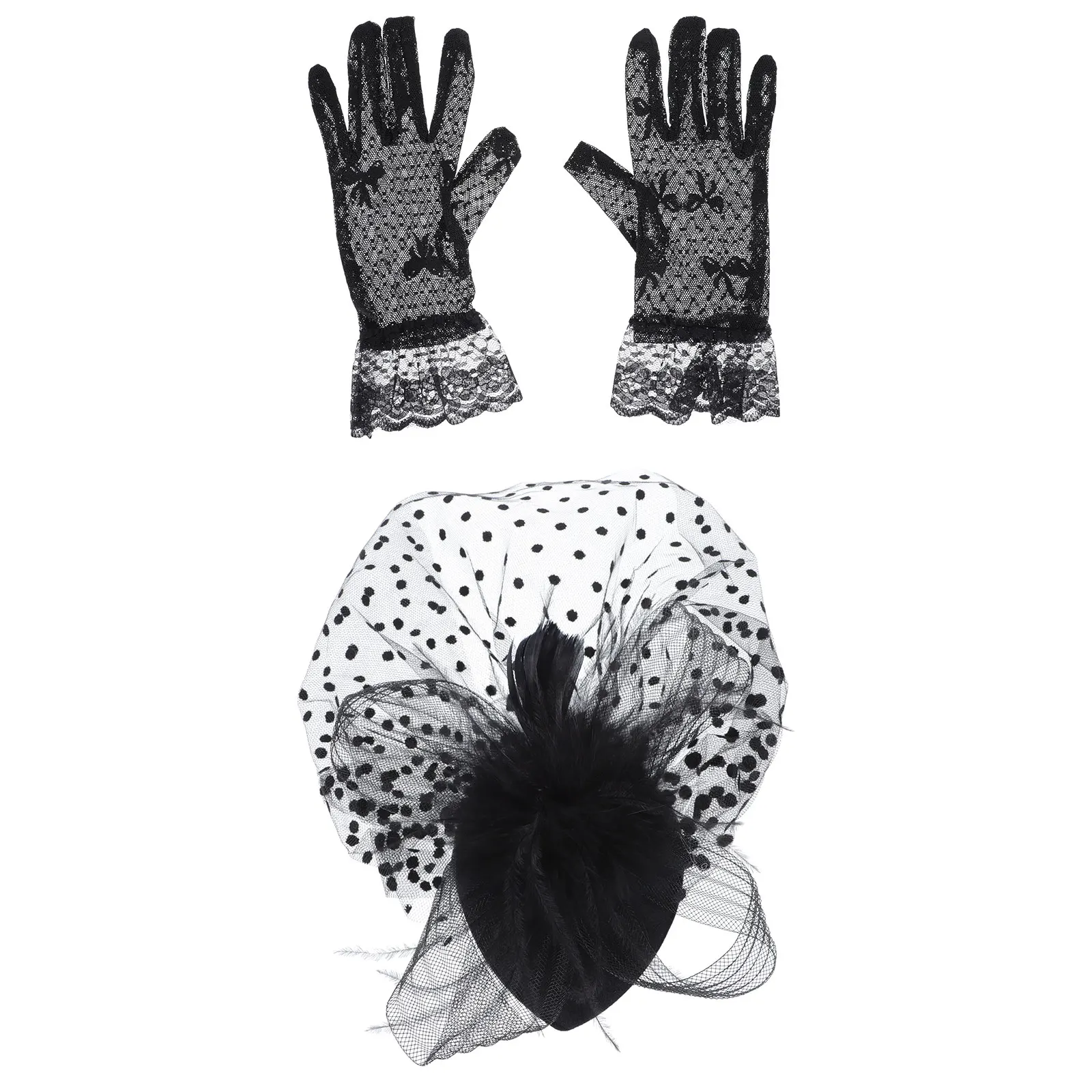 1세트 치파오 드레스 액세서리 레트로 메쉬 망사 모자 장갑 세트 연회 웨딩 촬영 파티 베일 헤드드레스