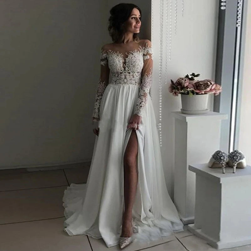 

Vestido Noiva Boho Long Sleeves Wedding Dresses Sheer Neck Appliques Side Slit Bridal Dresses Sexy Beach Chiffon Wedding Gowns