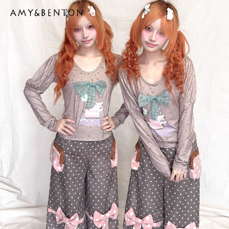 

Original Design Cute Polka Dot Bow Bubble Long Sleeve Women's Bottoming Shirt 2025 Autumn New Sweet Versatile T-Shirt Top Ladies