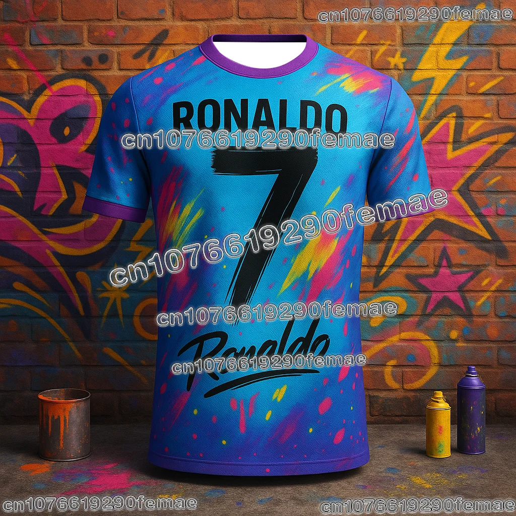 AI Street Graffiti Ronaldo Soccer Jersey تي شيرت صيفي للبالغين والأطفال للجنسين ملابس رياضية مريحة سريعة الجفاف #2