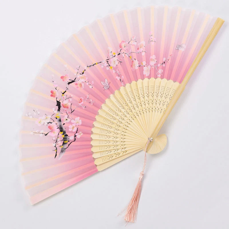 Vintage Chinese Style Folding Fan  hand fan Wooden Shank Classical Dance Fan with Tassel Elegent Female Fan Home Decor