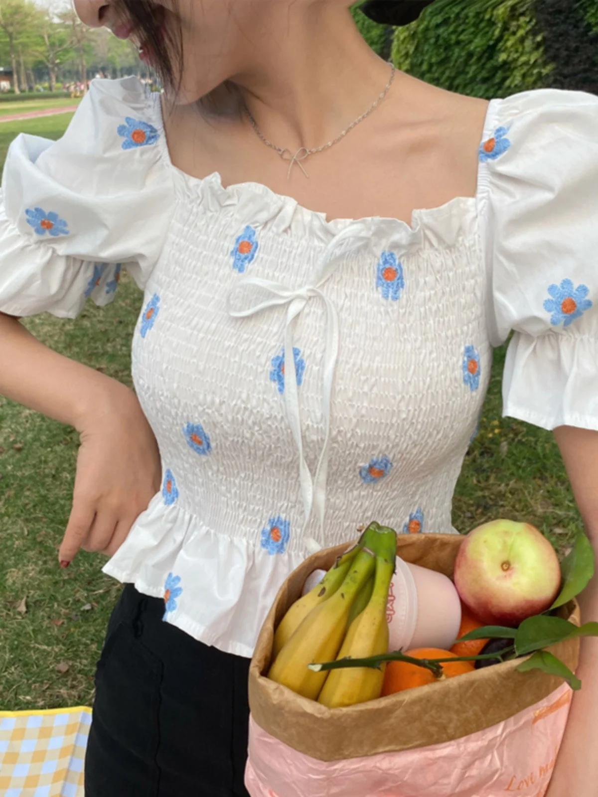 

Fre Design Bubble Sve irt Women's ort Sve Square Collar Summer Floral Top Korean Sle Straight Cut Commute Wind