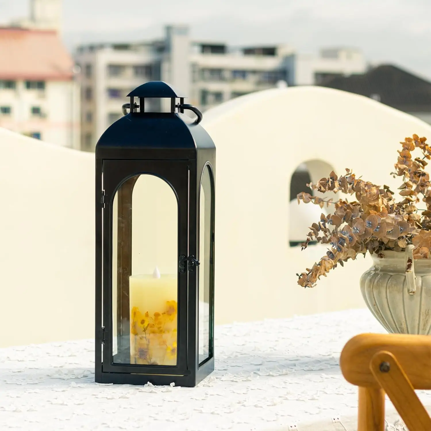 20-Inch Metal and Tempered Glass Candle Lantern - Premium Outdoor Lantern, Decorative Lanterns with Handcrafted Design for Patio