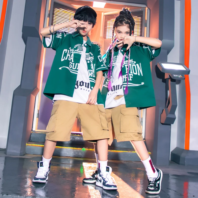 Kids Concert Outfits Hip Hop Clothing Green Print Shirt Street Khaki Cargo Shorts For Girls Boys Jazz Dance Costume Clothes