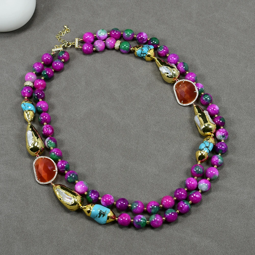 GG 2 Rows Mix Color Green Fuchsia Jade Cultured White Biwa Pearl CZ Paved Cat eye Crystal Turquoise Necklace