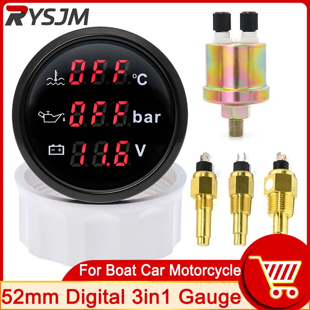 

52mm Digital 3 In 1 Multi-Function Water Temperature Gauge Oil Pressure Meter 10 Bar Voltage with Alarm for Car Boat Motorcycle