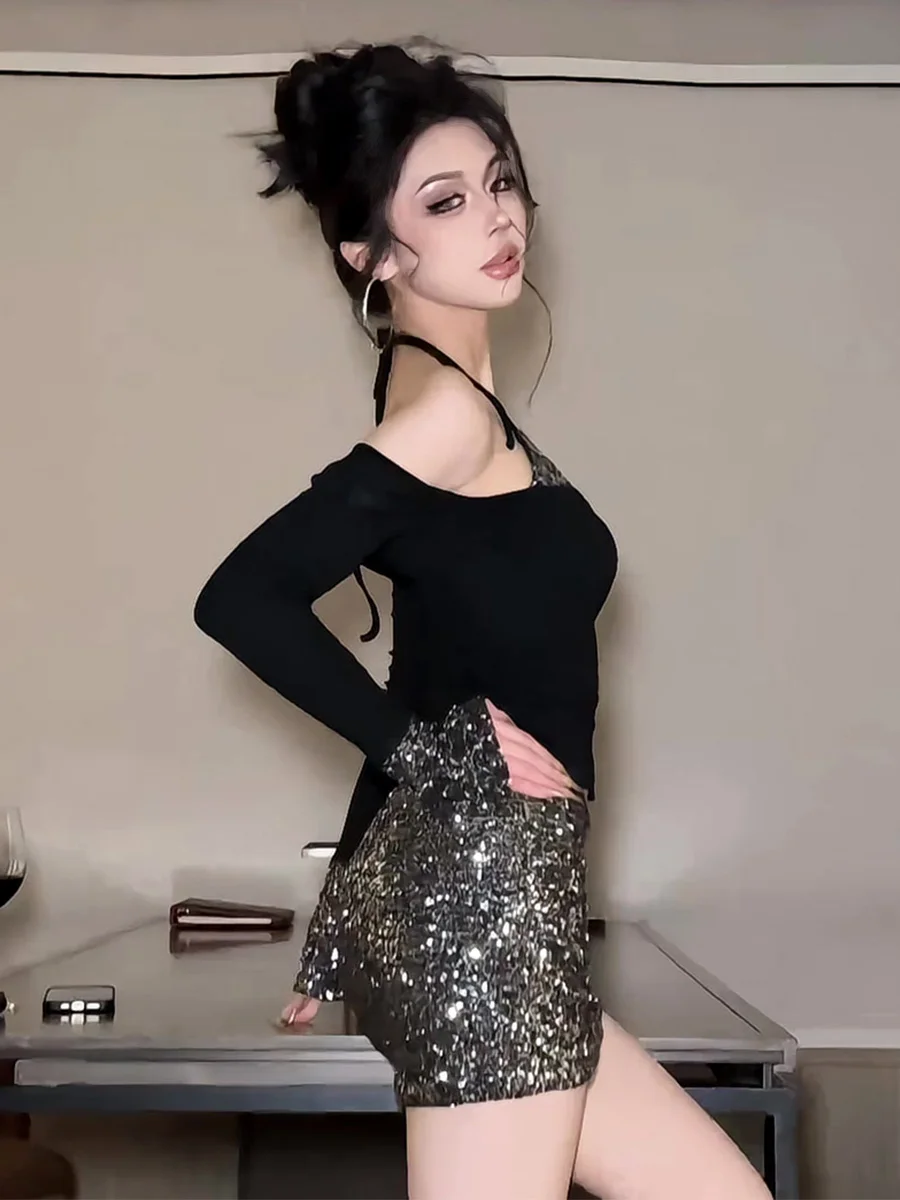 

Spring 2026 Faion Sexy Pure Desire Sequin Strap T-irt f Skirt Two-piece Set Women High Waist Long Sve Adult Women