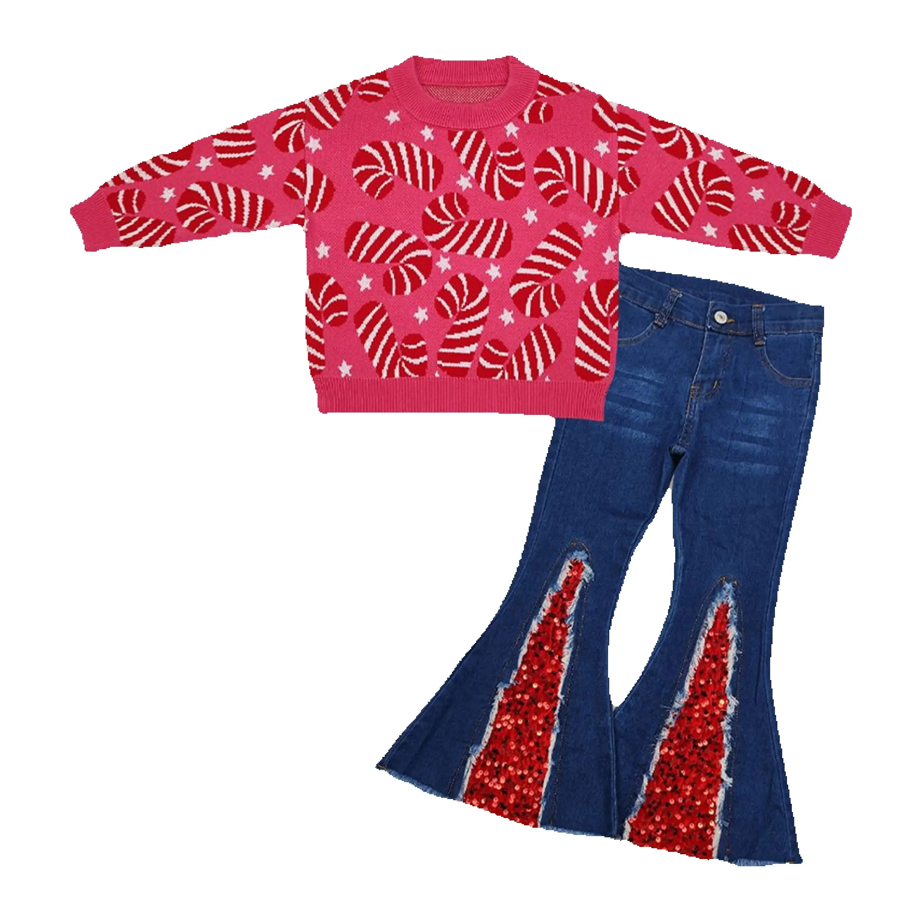 

RTS Baby Girl Long Sleeves Christmas Candy Sweater Red Sequin Holiday Bell Flare Denim Pants Kids Set Two Pieces Children Outfit