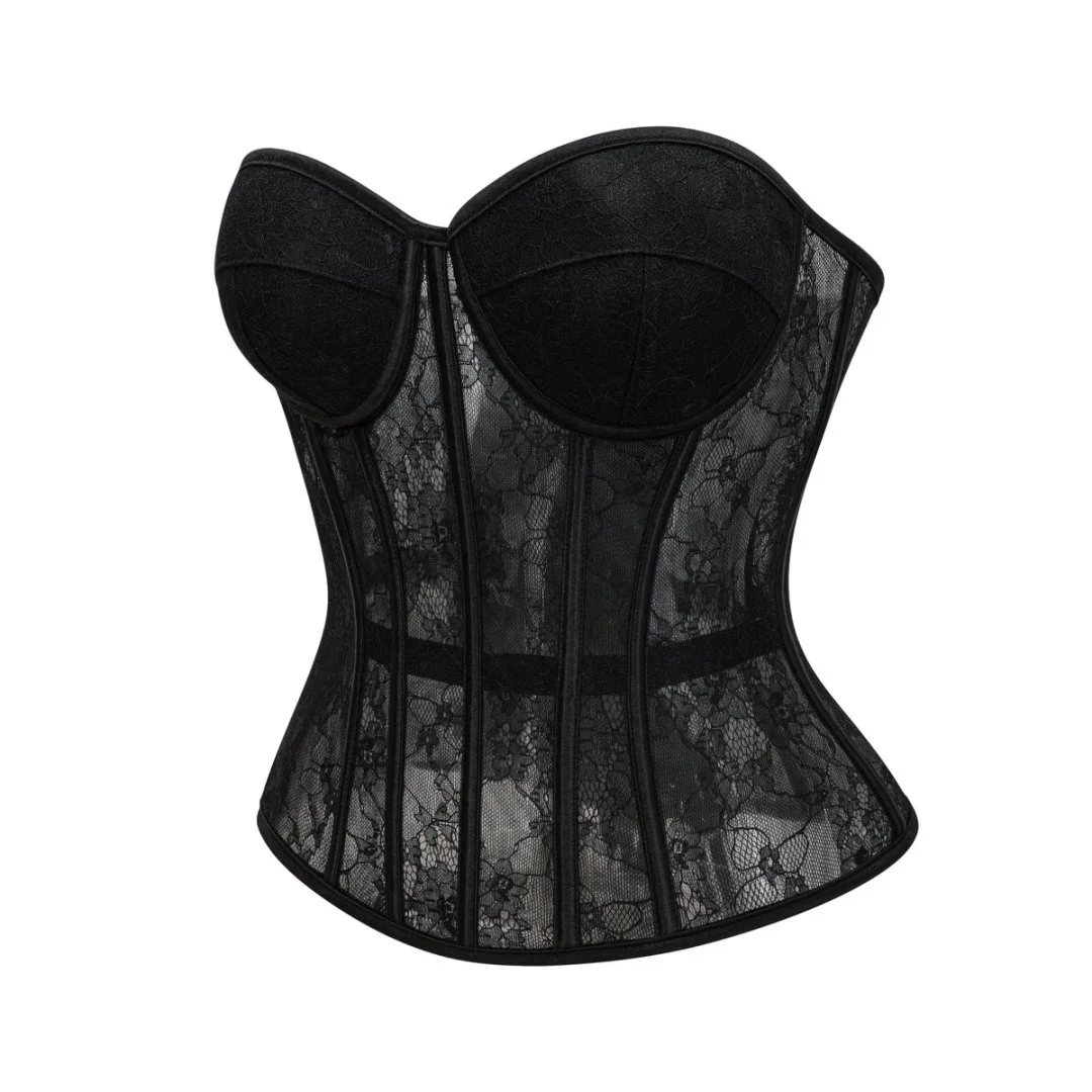 

Готический женский черный кружевной корсет-бюстье с косточками, пуш-ап эффектом и прозрачными вставками, корректирующий фигуру